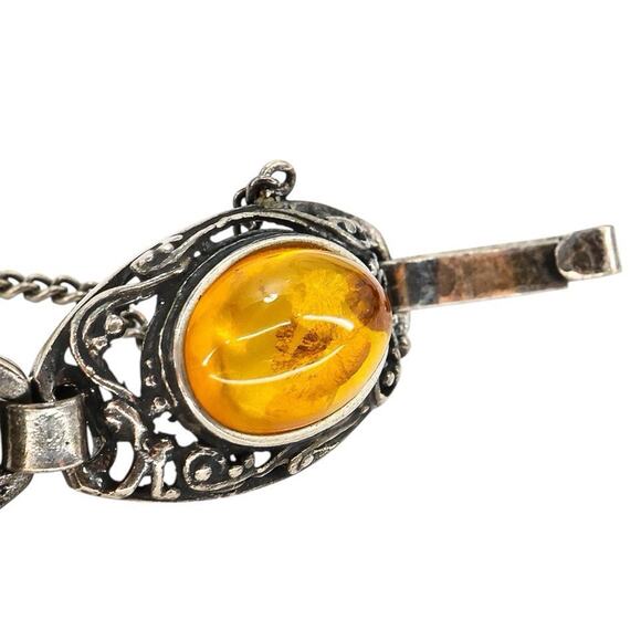Sterling Silver Filigree Bracelet Baltic Amber Cabs Eastern European 7.5 In Read - Picture 8 of 14